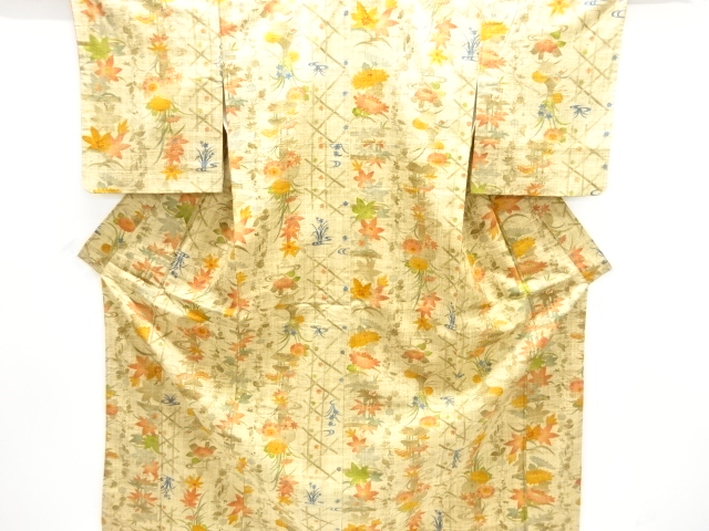 草花模様手織り真綿紬着物